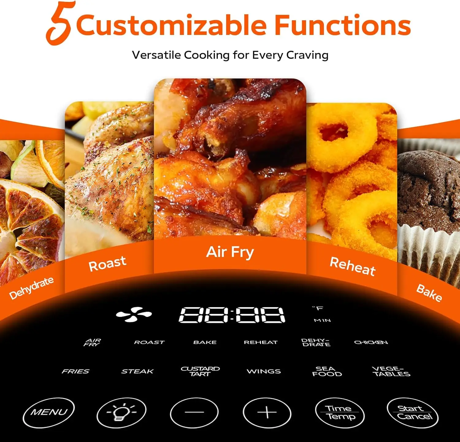 مقلاة هوائية مع نافذة عرض ، متعددة الوظائف ، قلي هواء ، مشوي ، خبز ، إعادة تسخين ، قلي عميق ، 7 إعدادات مسبقة تعمل باللمس للأجنحة ، 6 قيراط ، 5 في 1
