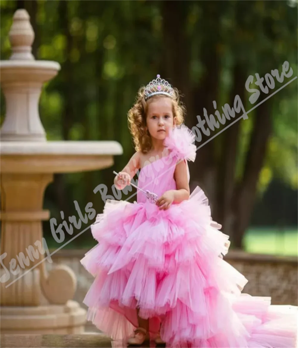 Pink One-shoulder Flower Girl Dress With Fluffy Layered Party Elegant Communion Dress Children Suitable Piano Performances Hosts