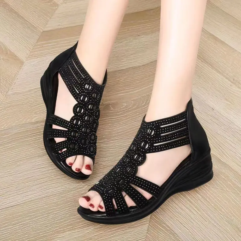 2024 Crystal Sandals Women Wedges Comfortable High Heels Hollow Out Zipper Sandals Women Shoes Comfortable Flat Stylish Sandals