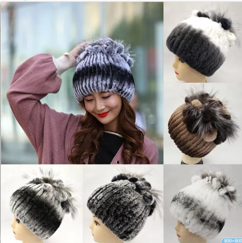 Warm Fluffy Women's Winter Hats 2024 Natural Rabbit Fur Knitted Beanie Russian Soft Cozy Fur Hat Comfortable Hiking Hat