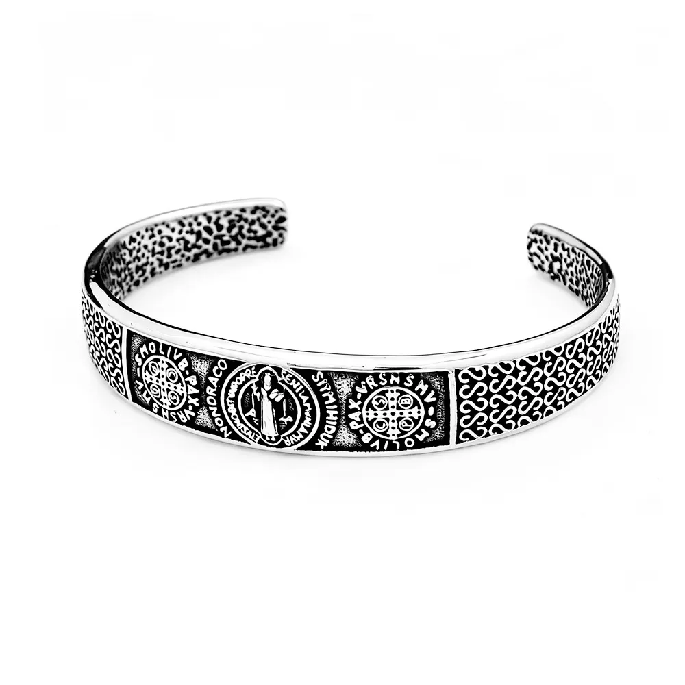 Vintage Heiliger Benedikt Exorzismus-Medaille Edelstahl Offener Armreif Unisex Katholischer Gläubiger Täglicher Glaube Modeschmuck Geschenk – Detail 1