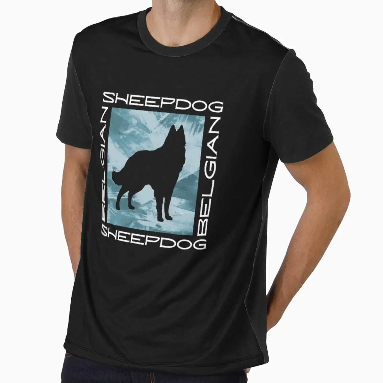 Silueta de Pastor Belga Groenendael, tipografía moderna sobre azul verdoso abstracto, diseñado y vendido por arlutai vintage Washed fashion