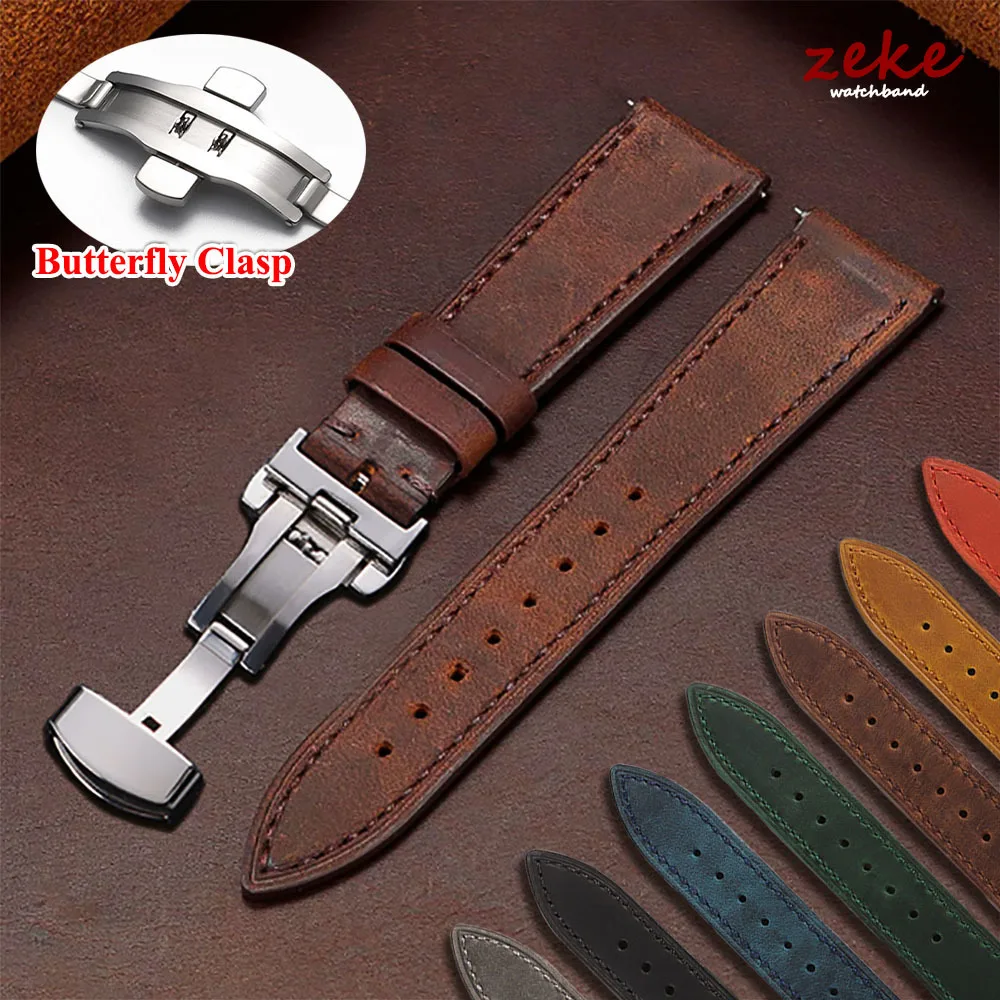 Vintage Rindsleder Uhrenarmband Schmetterlingsschnalle Nähte Riemen für Seiko für Handgelenk Armband für Omega 18/19/20/21/22/24mm