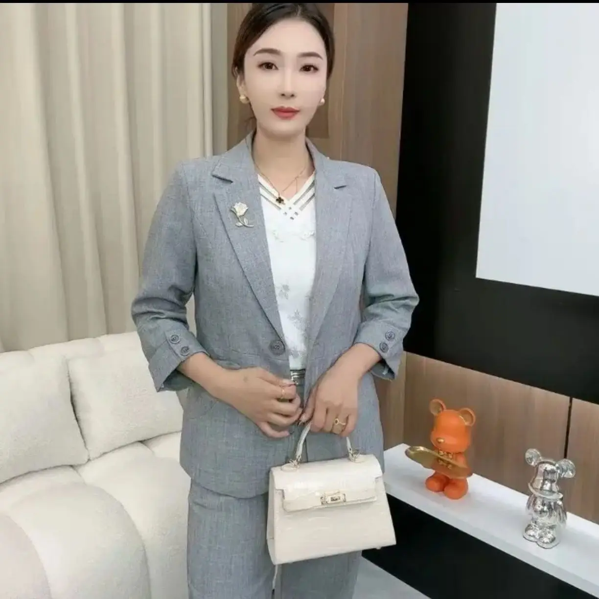 

Модный корейский приталенный костюм (жакет и брюки) для женщин: повседневный, для работы, с длинным рукавом, на одной пуговице