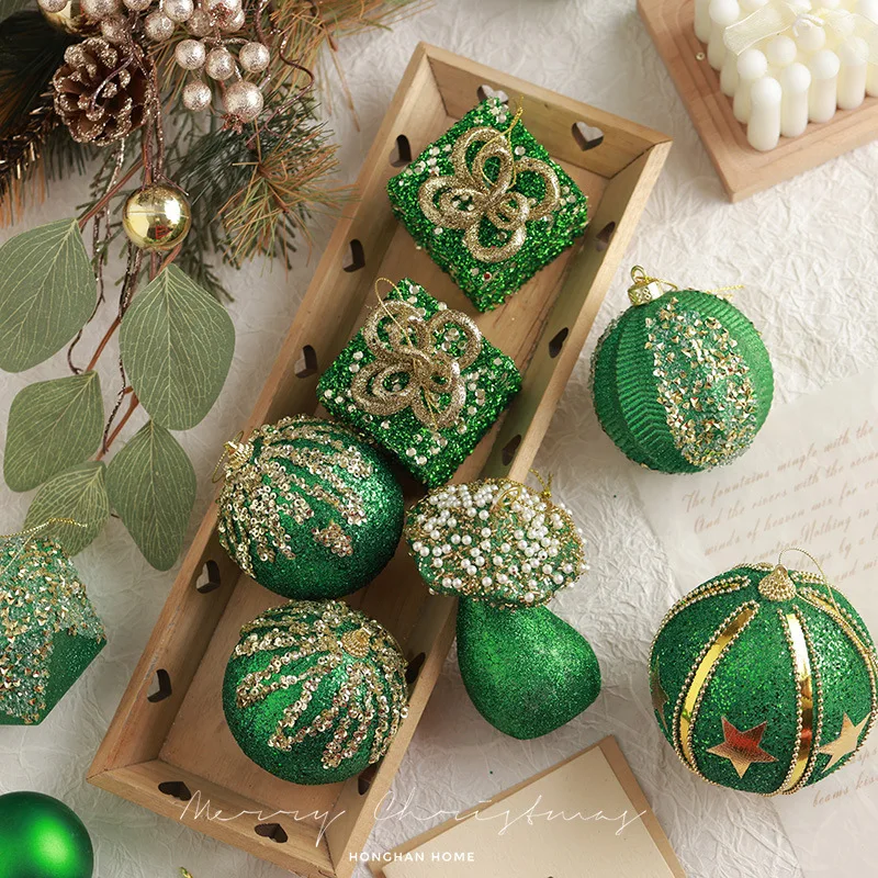 Flocked Christmas Ball SetChristmas Tree Decoration Pendant Dark Green Decoration Hanging Ornament