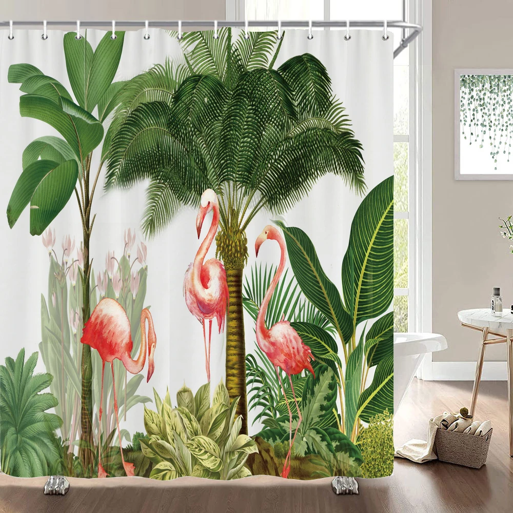 Bathroom Decoration Shower Curtain Plant Flowers Birds Flamingo 3D Printed Bathroom Curtain Waterproof Shower Curtain with Hooks