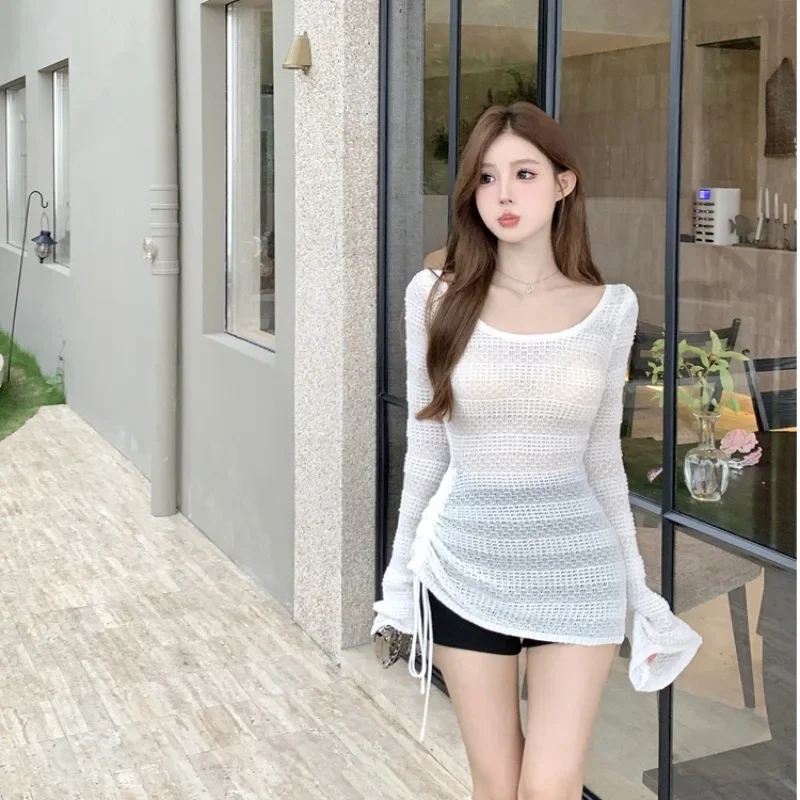 Pullovers Women New Knitted Sweaters Long Sleeve Strap Seaside Sun Protection Tops Hollow Out Slim Irregular Hem Temperament