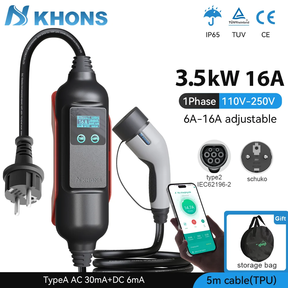 

Khons EV Portable Charger Type2 3.5KW 16A WIFI-APP EV Charger With Schuko Plug Suitable For Electric Vehicles 5m TPU Cable