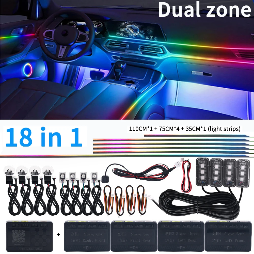 6/18 In 1 Led Car Hidden Ambient Light Symphony RGB 64 Color Bluetooth APP Interior Acrylic Matt Black Strip Backlight Dual Zone