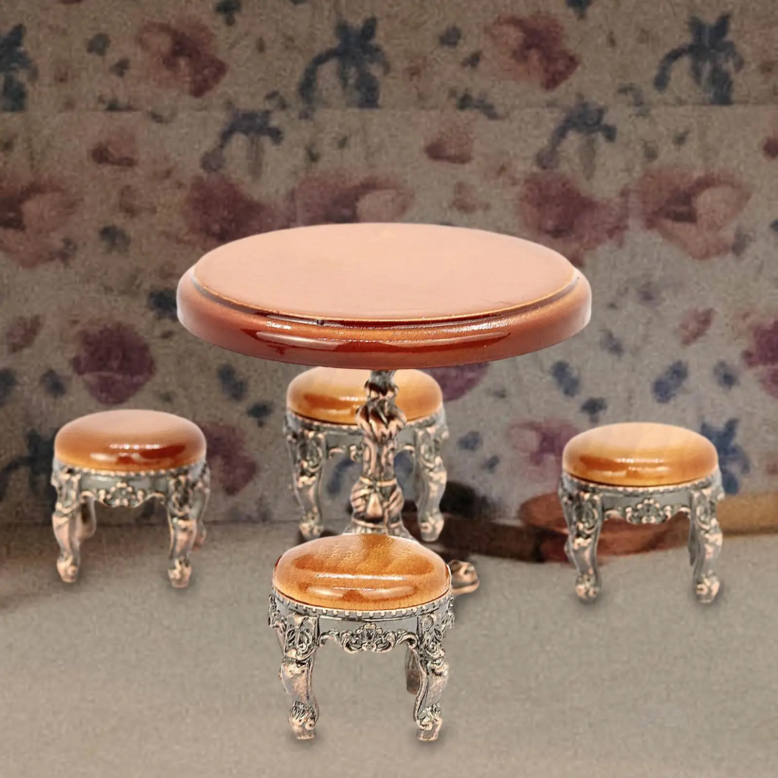 Miniature Round Table Set with Seating for Dollhouse Kitchen or Garden