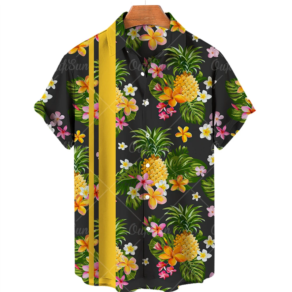 Men\'s Shirts Hawaiian Shirts Fruit Print Short Sleeves Pineapple Pattern Tops Casual Fashion Men\'s Clothing Summer Loose Shirt