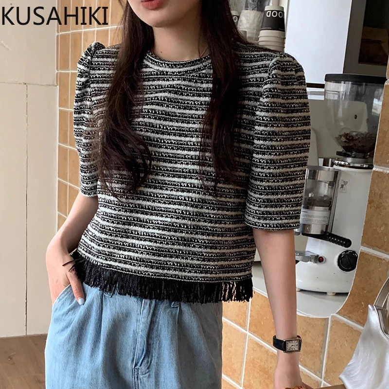 KUSAHIKI Korean Chic Summer Retro Round Neck Patchwork Versatile Short Sleeved Striped Top Shirts for Women