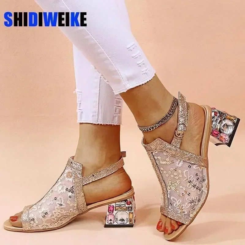 

Elegant Woman Heeled Shoes 2025 New Modern Dress Women's Sandals Buckle Strap Bling Mesh Square Heel Peep Toe Luxury Shoes Women