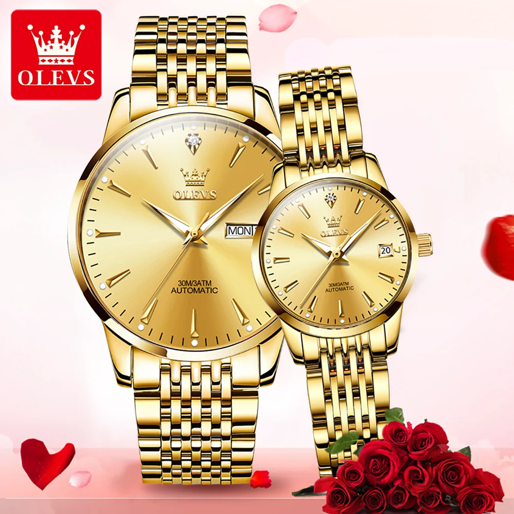 OELVS-reloj mecánico de acero inoxidable para hombre y mujer, accesorio de pulsera resistente al agua con indicador de fecha y semana, complemento masculino de marca de lujo