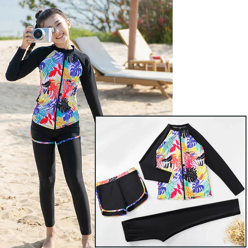 3pcs/set Girl's/Boys Swim Shirts+Pants+Shorts Rash Guard Sun UV Protective Long Sleeve Quick Dry Water Sports Surfing Swim Shirt