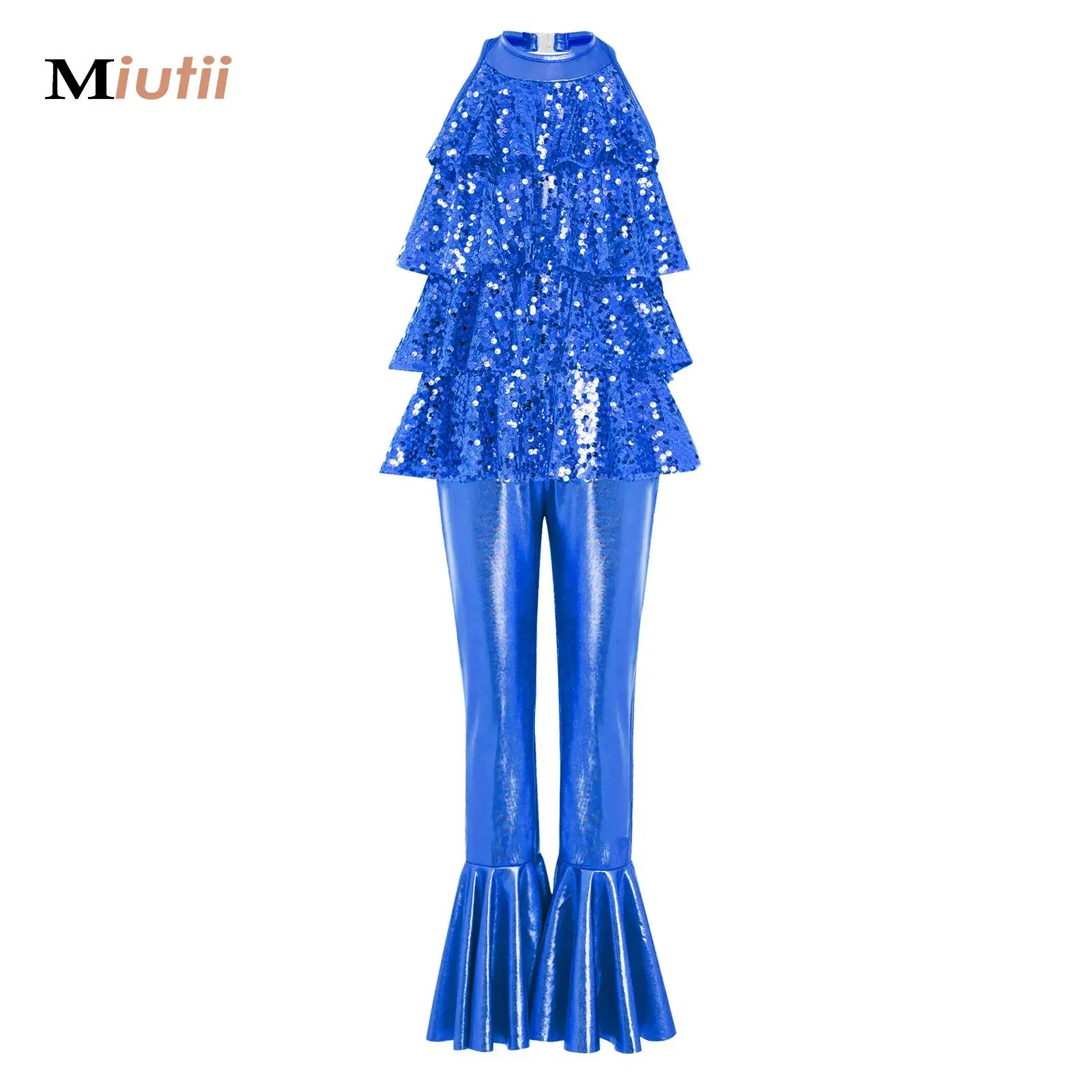

Kids Girls Shiny Sequins Tiered Ruffles Jazz Latin Dance Jumpsuit Sleeveless Halter Bell-Bottom Bodysuit for Disco Theme Party