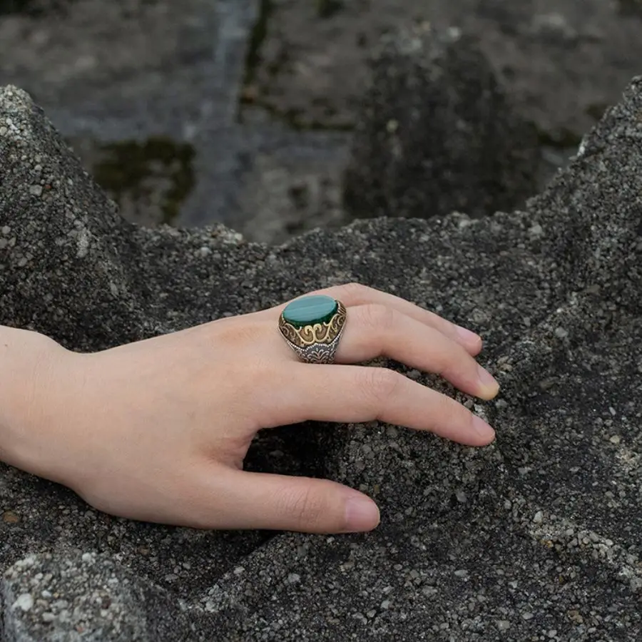 Wholesale 925 Sterling Silver Male Ring Green Malachite Stone Vintage Classic Men Silver Ring 925 Natural Stone