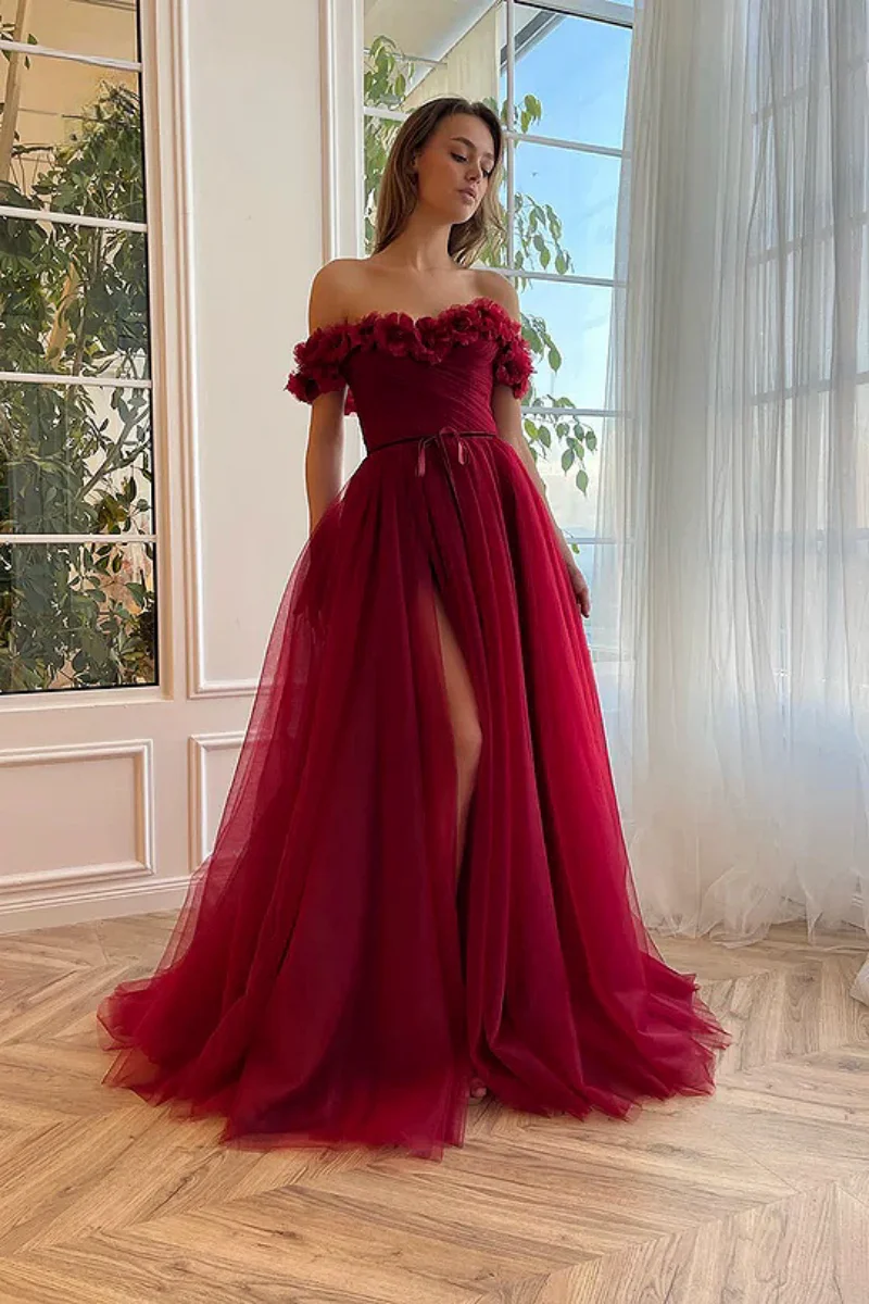 Robe de Rhsans bretelles rouge foncé, ligne A, appliques en dentelle initiées, corset plissé, fibtulle, robe de soirée formelle longue