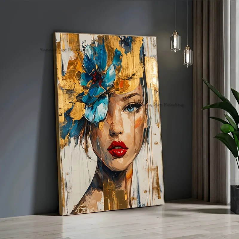 New Original Artwork Beige Golden Yellow Women Wear Blue Flower Hat Wall Art Handpainted Special Gold Foil Girl Oil Painting