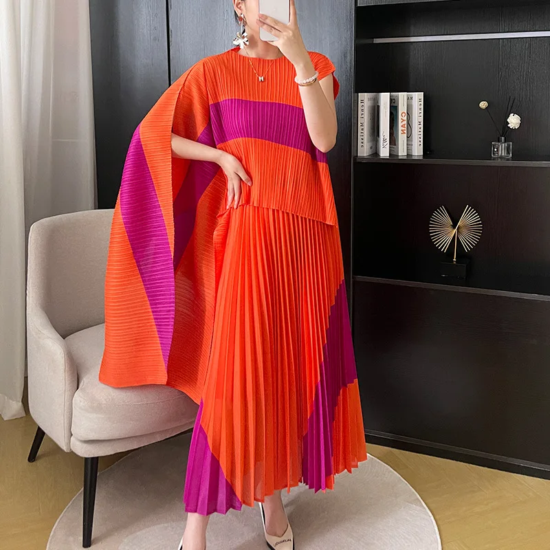 Pleated Women's Two Piece 2023 Autumn New Shawl Irregular Top+Long Elastic Waist Large Swing Dress Set Fashion Retro