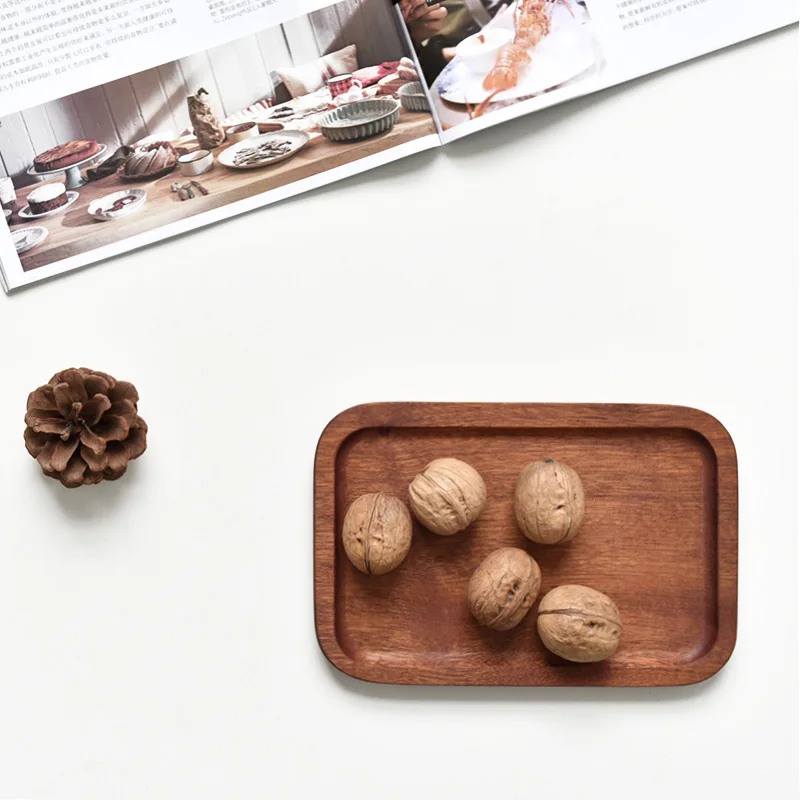 Cross-border Spot Japanese Solid Wooden Tray Meal Inventory Heart Plate Rectangular Walnut Color Dessert Fruit Plate Fruit Dish