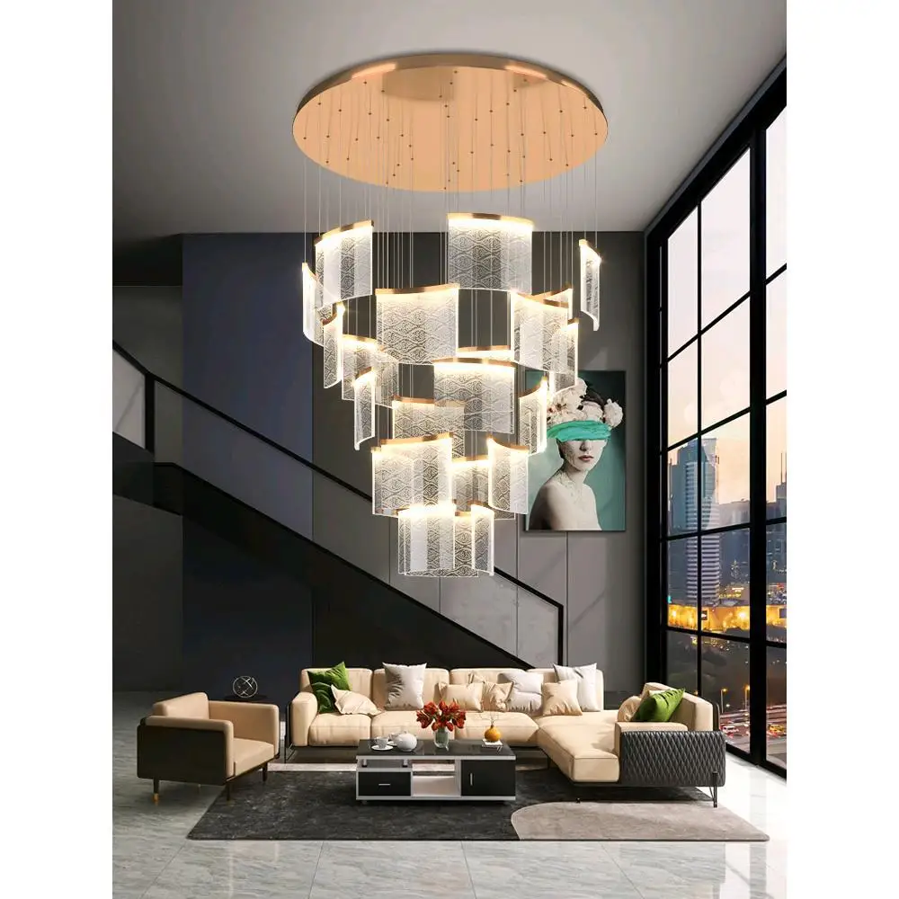 Modern Hollow Art Pendant Light Villa Rotating Spiral Staircase Chandelier Chinese Style Luxury Roof Tile Hall Shopping Lamp Led