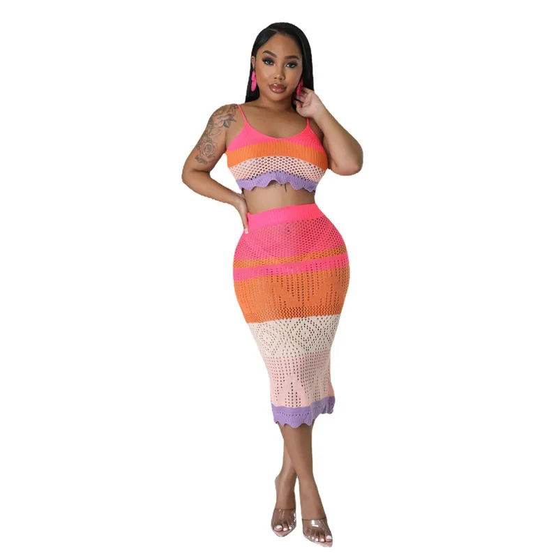 Knitted Colorful 2 Piece Set Beach Outfits Sexy Halter Top and Skinny Dress Hand Crochet Summer Beach Dress