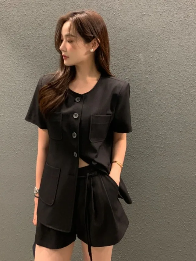 

Retro Korean Sle Women's Suit Jaet High Waist Belted Wide Leg Casual orts Two Piece Set Faionable Summer Outfit