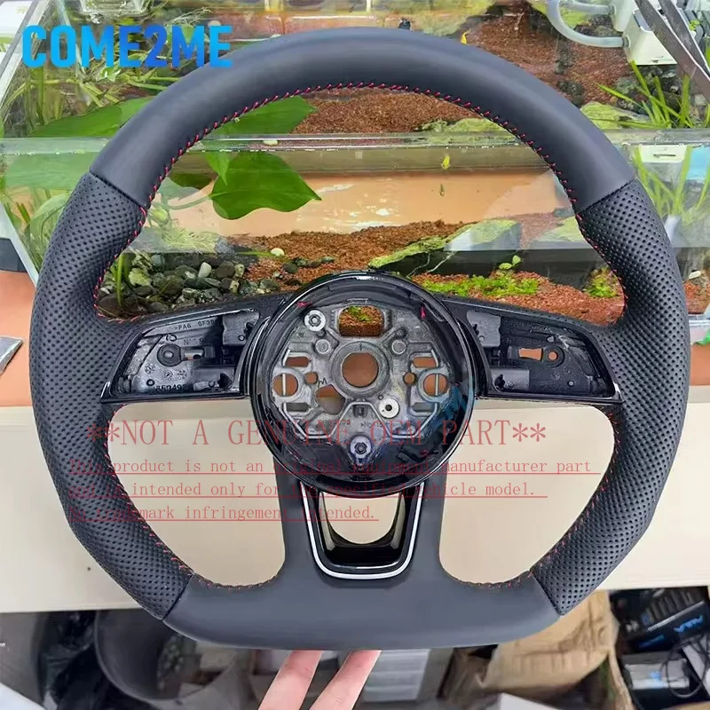 For Audi Flat Bottom Steering Wheel Horn Cover For New A3 8Y Two Side Red Stitching Perforated Leather