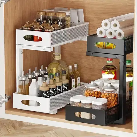 2 Katmanlı Çekmeceli Lavabo Altı Düzenleyici Genişletilebilir Çift Katmanlı Ayarlanabilir Çelik Depolama Rafı Sepeti Delme Gerektirmeyen Mutfak Banyo Dolabı İçin Yerden Tasarruf Sağlayan Raf