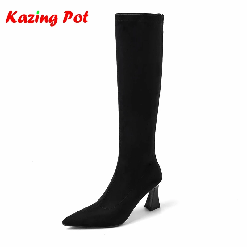 

Длинные сапоги из флока с острым носком на толстом высоком каблуке, теплая осенне-зимняя обувь, брендовые женские модные сапоги до колена на эластичной резинке