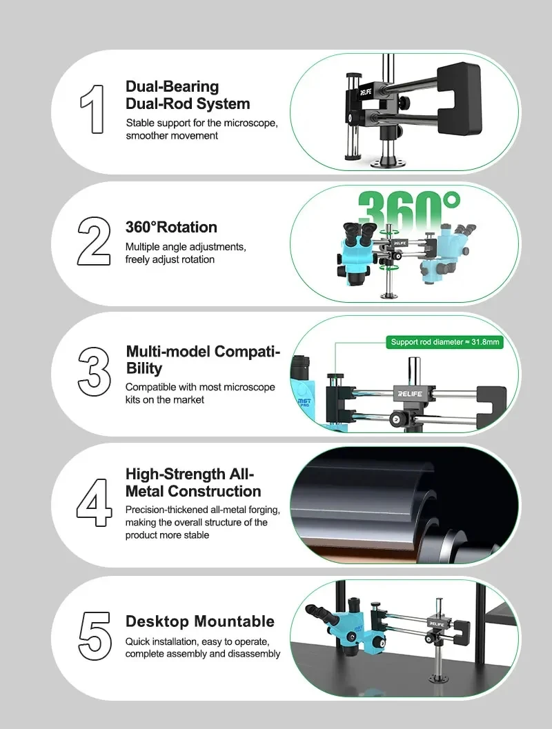 

RELIFE MS2 Pro Dual-Bearing Dual-Rod Microscope Stand 360° Rotation Compatible with most Microscope Kits on the Market.