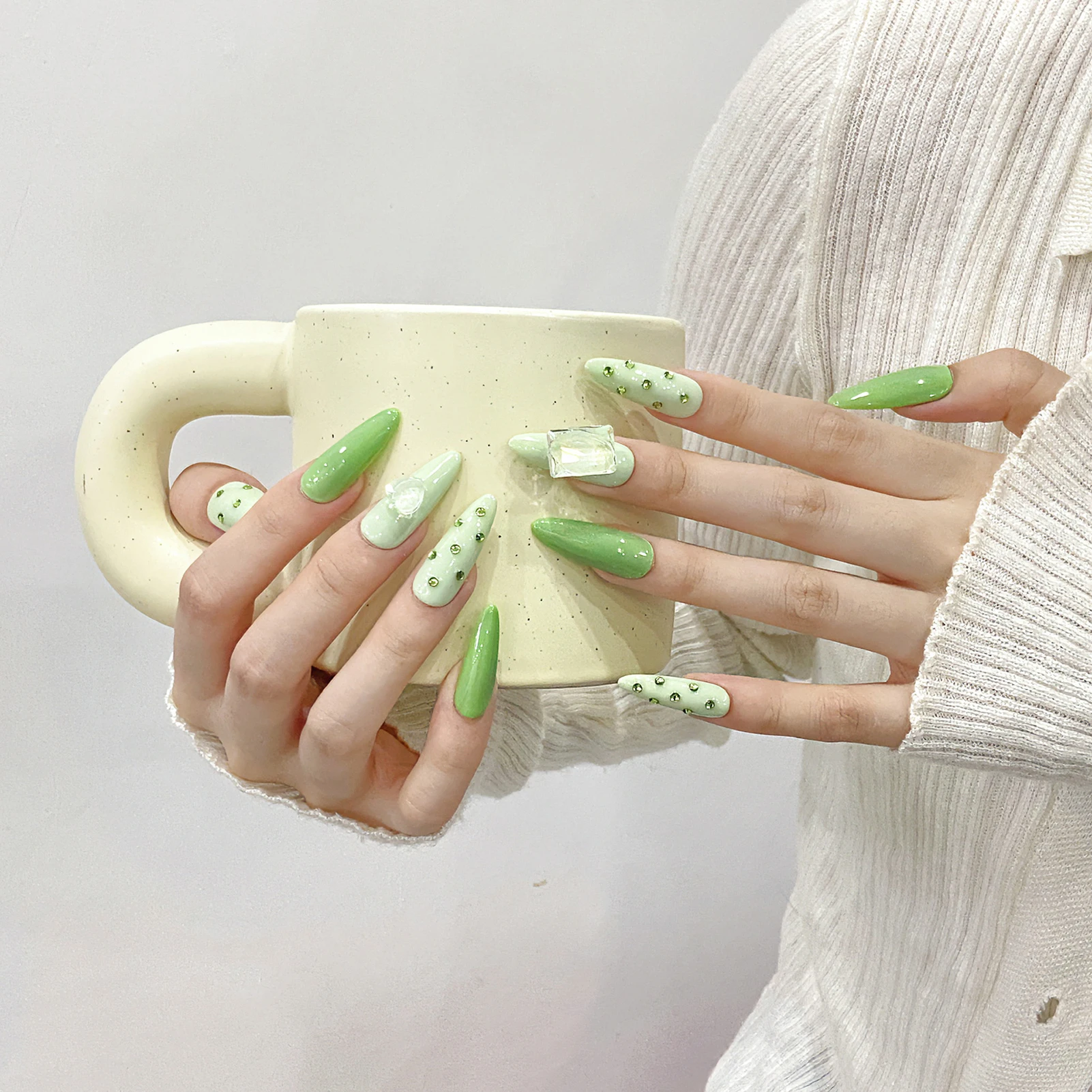 Glossy Green Long Almond Press on Nails Durable & Never Splitting Comfort Fake Nails for Stage Performance Wear