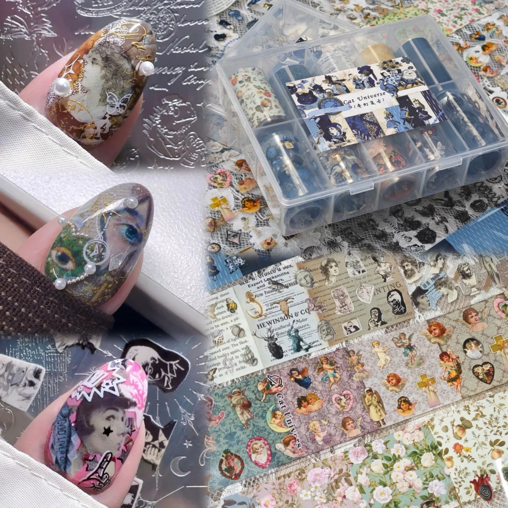 1 Box Vintage Flowers Nail Foils for Transfer Paper Mask Cross Sliders Newspaper Nails Wraps Statue Nail Art Decorations