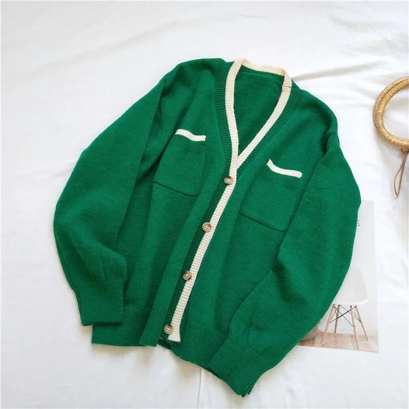 Fashion Solid Colors V-Neck Knitted Sweater Women Chic Single Breasted Loose Casual Cardigan French Style Autumn Warm Sweaters