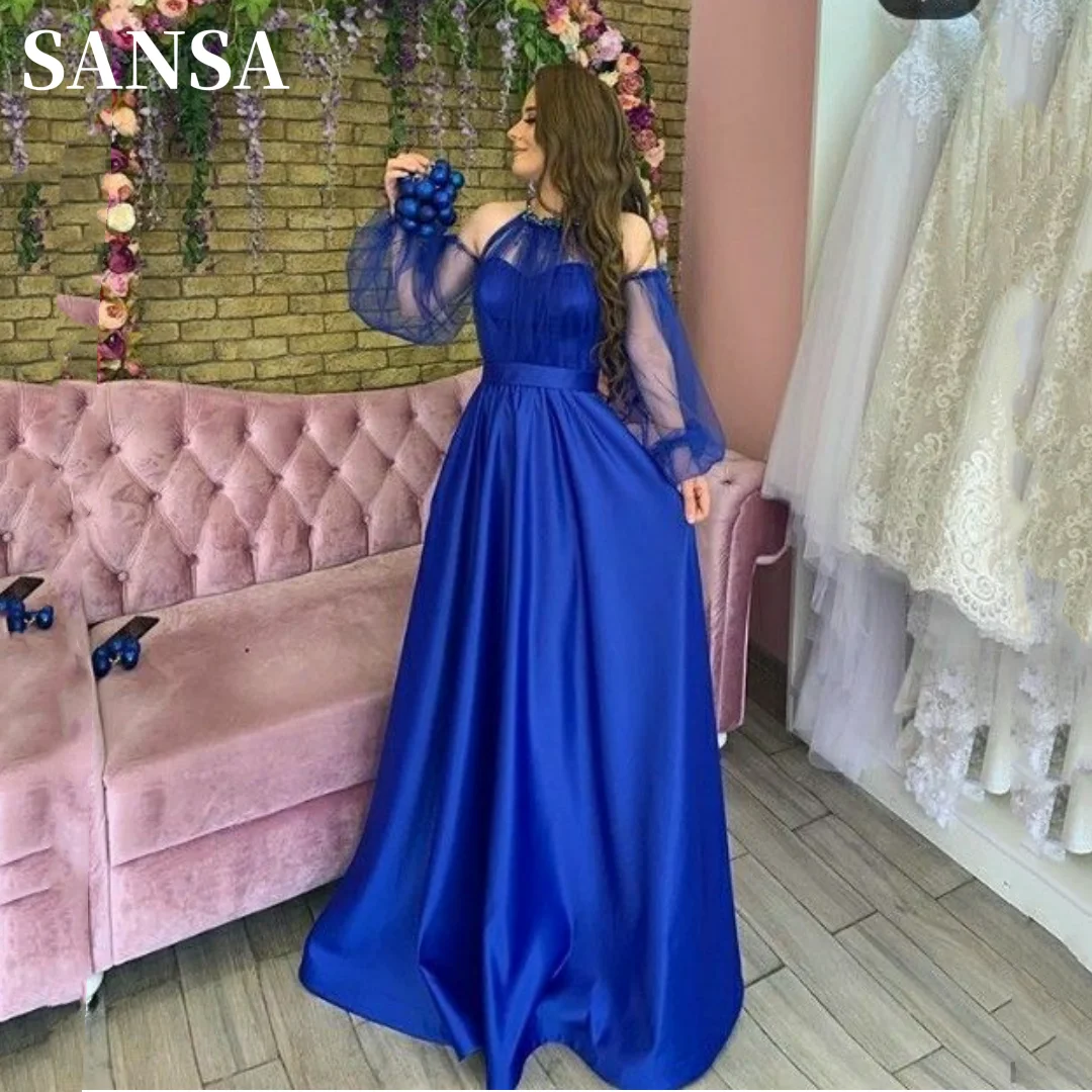 

Sansa Elegant Puffy Sleeve Prom Dress Sapphire Blue فساتين سهره فاخره 2023 Tulle Halter Neck A-line Vestidos De Noche