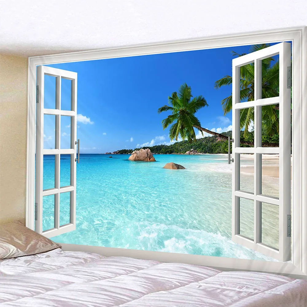 Wall Hanging Living Room Bedroom Window Natural Landscape Beach Large  Covering Decoration Tapestry Background Cloth Bedside