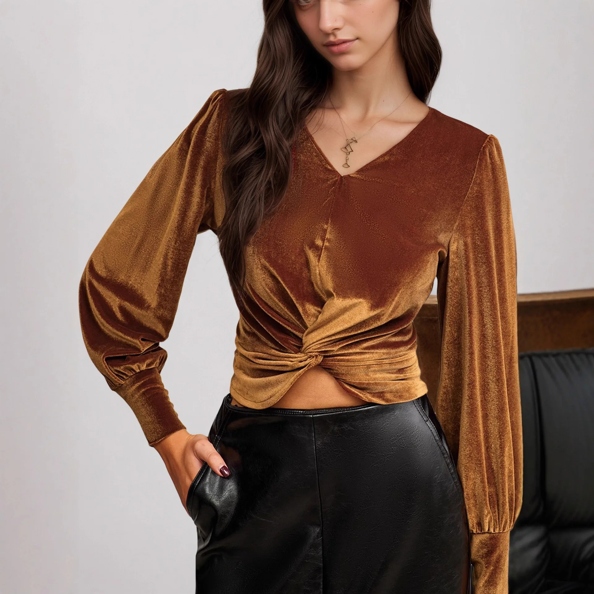 2025 Autumn New Velvet French Chic Waist Twisted Design Waist cinched Long Sleeve Shirt Top
