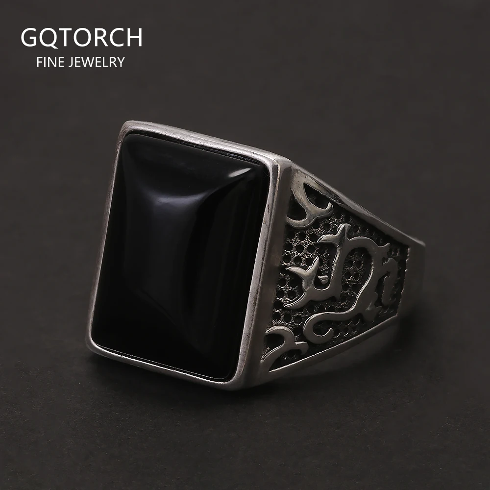 

925 Sterling Silver Black Onyx Signet Ring for Men Natural Stone Cool Retro Vintage Punk Turkish Rings Biker Male Jewelry Gift