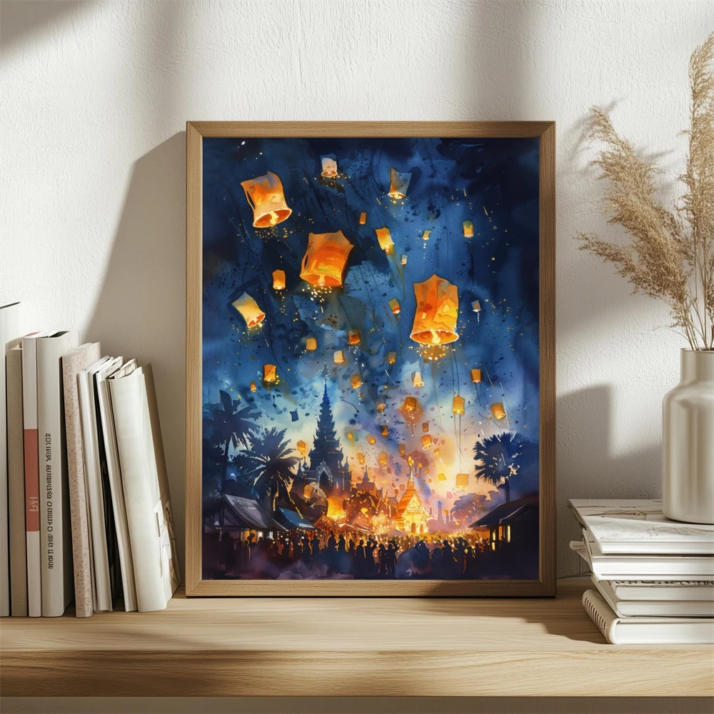 Hoi An Lantern Street Wall Art Prints Vietnam Rainy Night Painting Poster Colorful Ancient Town Print Romantic Asian Cityscape