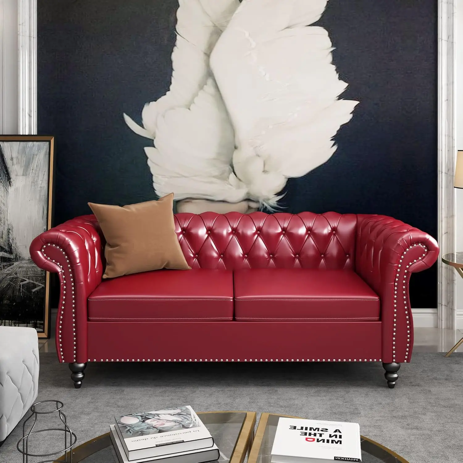 أريكة معنقدة من Chesterfield Loveseat ، أريكة جلدية حديثة ، مقعدان بأذرع ملفوفة ورأس مسمار ، غرفة معيشة وغرفة نوم