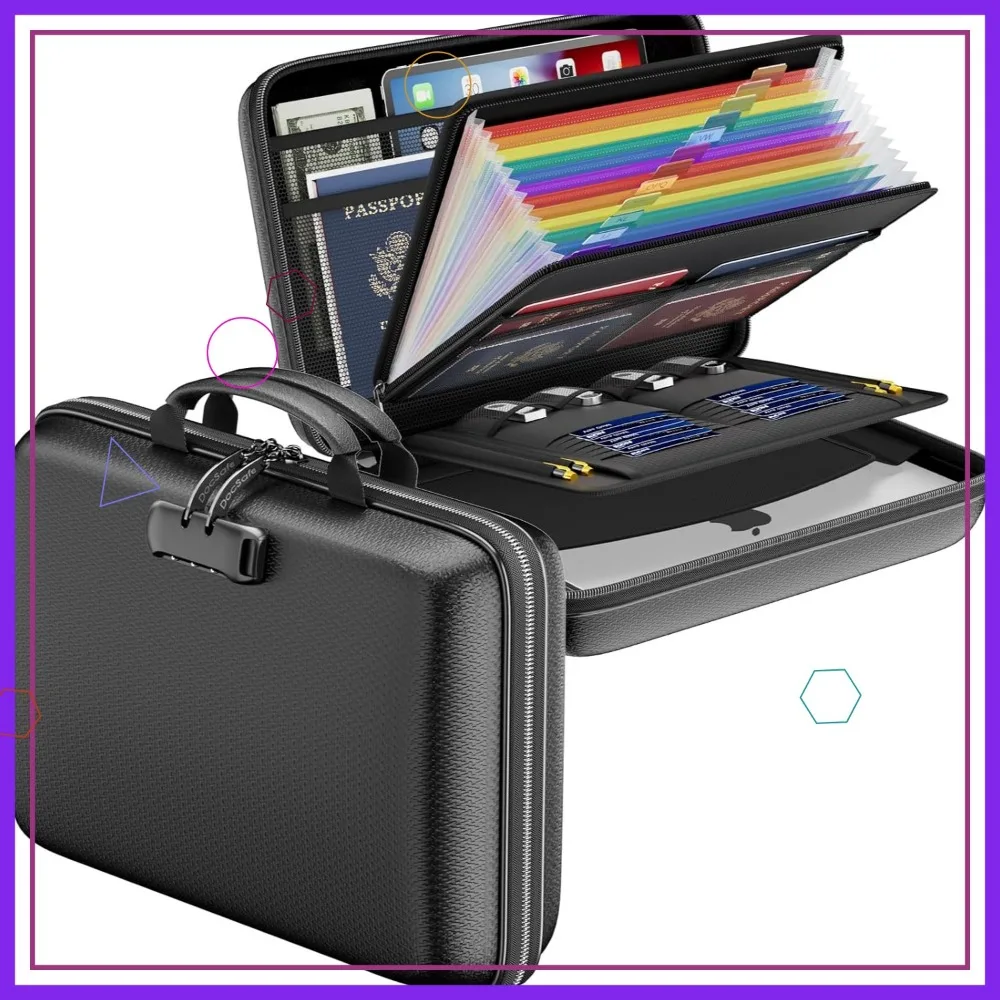 منظم مستندات مقاوم للحريق مع قفل، صندوق تخزين مقاوم للماء لملفاتهم والكمبيوتر المحمول باللون الأسود