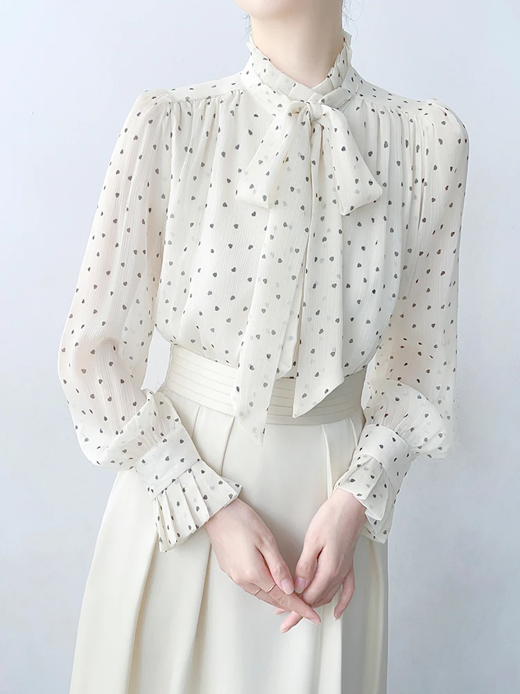 

Korean Sle Long Sve Chiffon irt Women Early Autumn New Knot Sa Stand Collar Fre Sle Top Skin Friendly ...