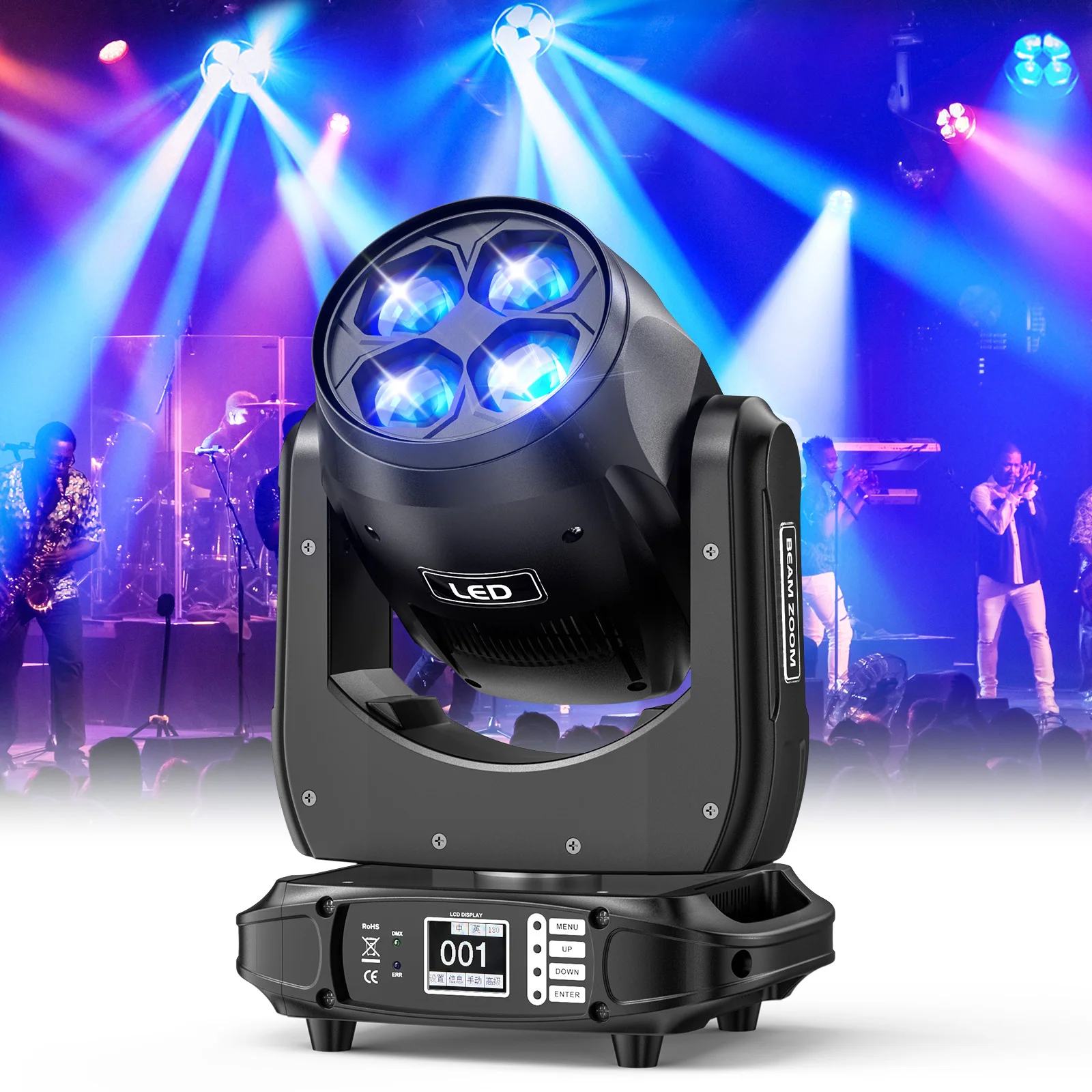 U'King 160W Bee Eyes LED Beam Moving Head Light 4x40W RGBW Zoom Effect Stage Light for DJ Disco Party Rotating DMX512 Spot Light