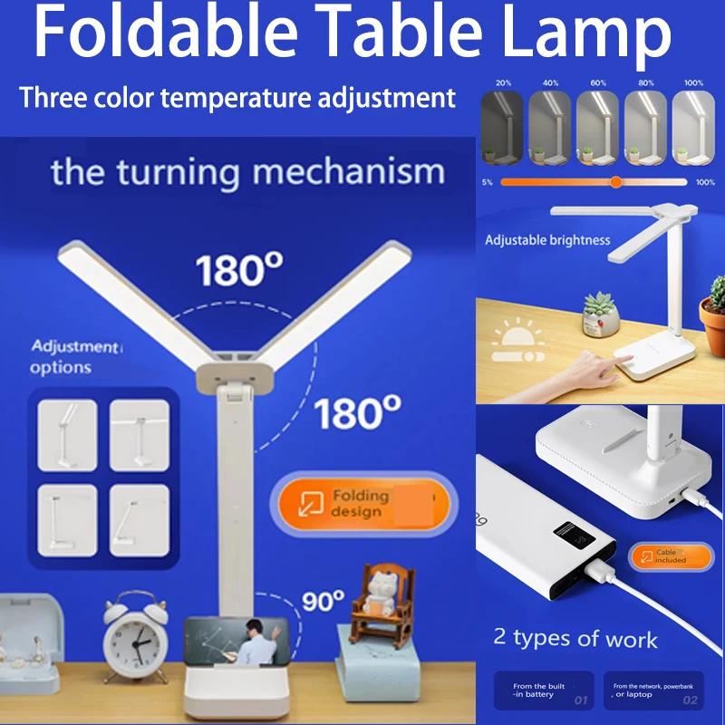 

Double Head Foldable LED Desk Lamp, USB Rechargeable with 3 Colors & Dimmable Brightness for Reading, Study, Office