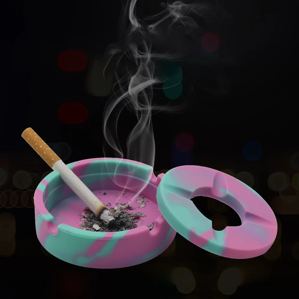 Round Food Grade Silicone Ashtray with Lid, Windproof Ash Tray for Cigarette