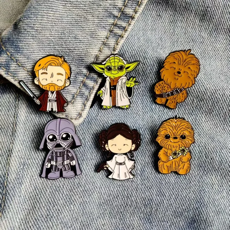 6pcs Enamel Pin Set Cute Monster Brooche including Darth Vader Mandalorian Leia Organa Solo Metal Badge Match with clothing bags