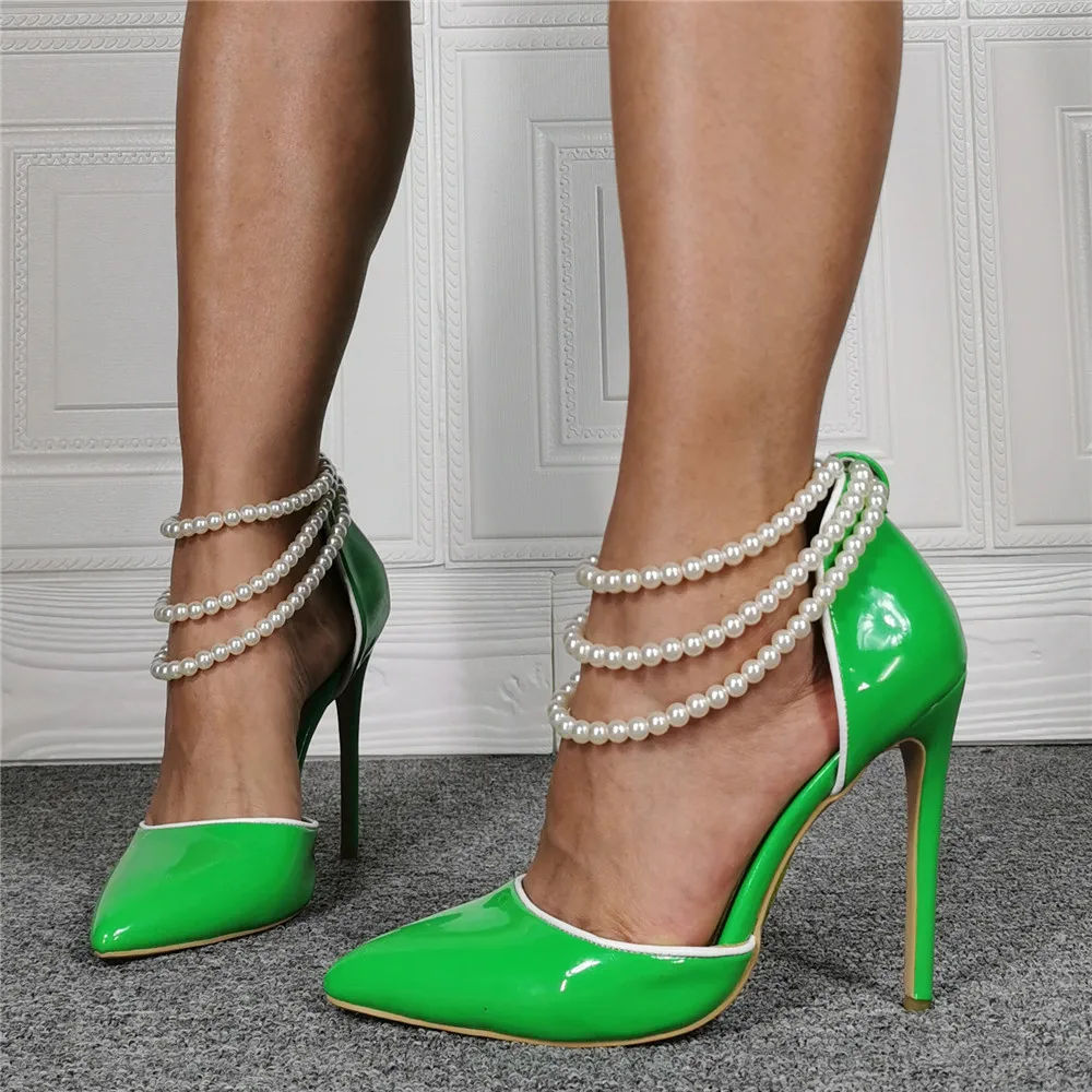 Sky Blue Pointed Toe Pearl Necklace High Heel Pumps Shoes Woman Fruit Green Patent Leather Pearls Women Party Shoes