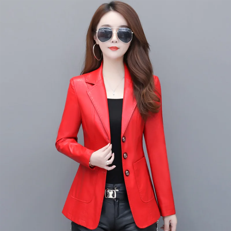 Spring Autumn Genuine Leather Jacket Women Short Overcoat Korean Elegant Slim Suit Collar Casual Sheepskin Jacket Female Outwear