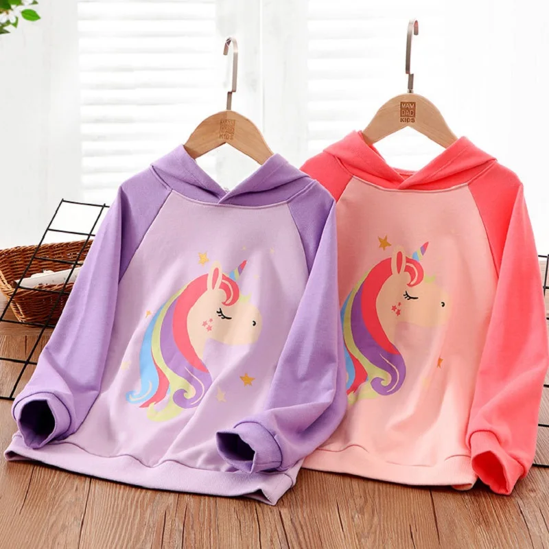 2-14 Years Spring Autumn Kids Clothing Children Cotton Pink Purple Cartoon Unicorn Sweatshirt Tops Girls Pullover Hoodies